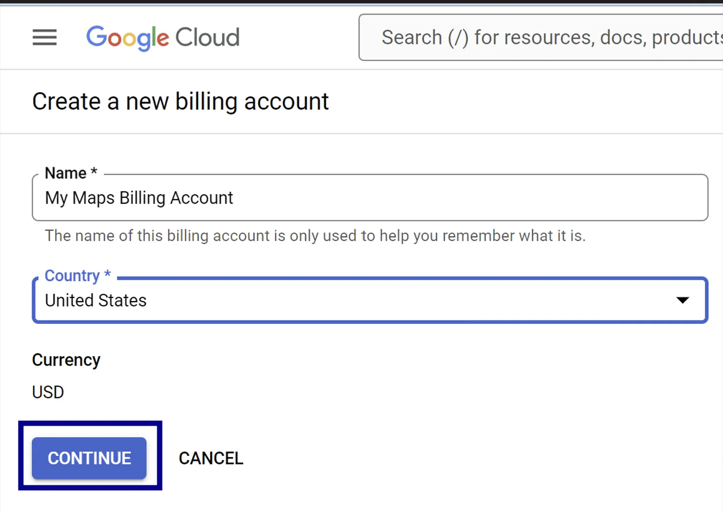 Create 'Create billing account'